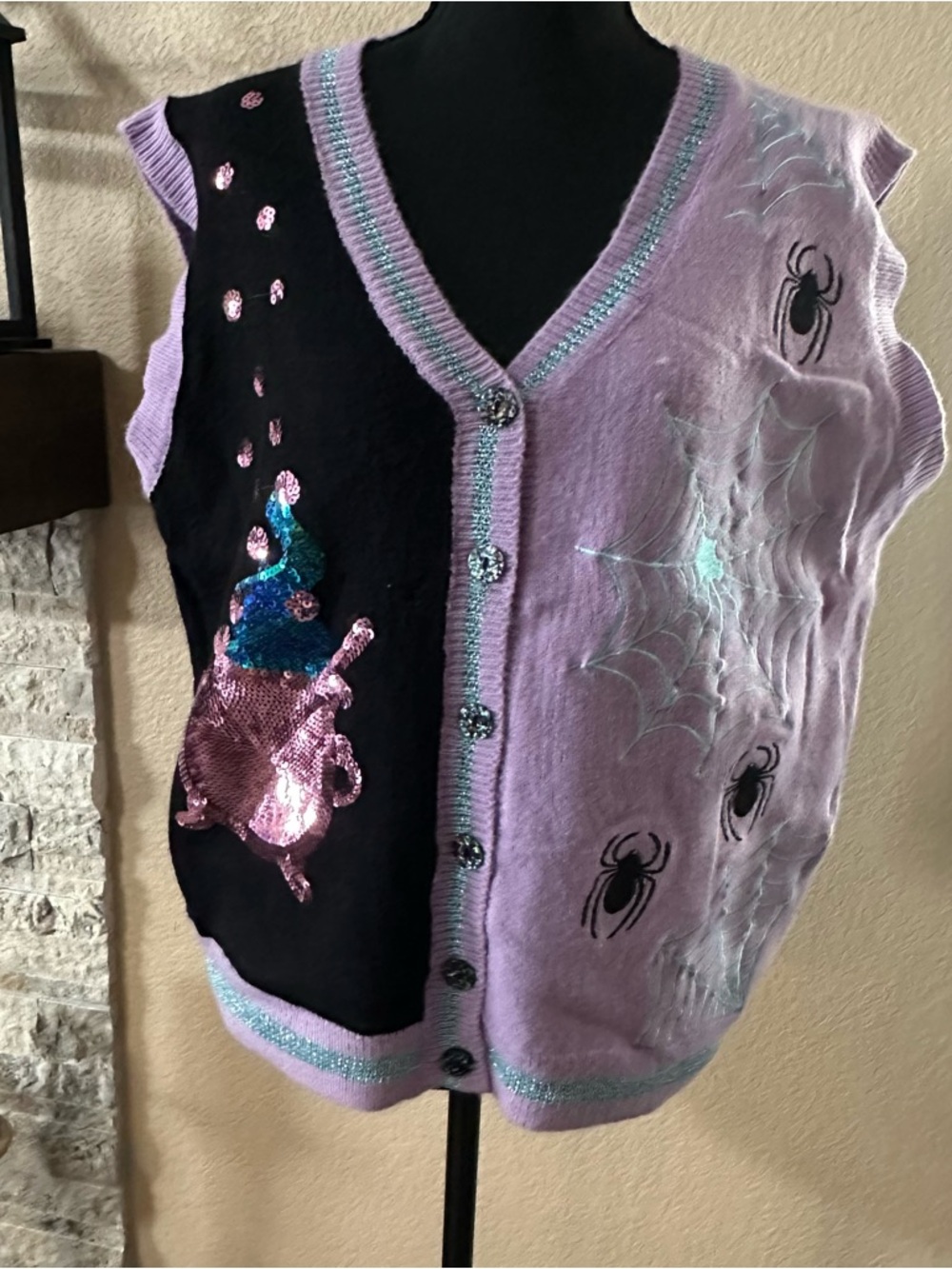 Lavender & Black Sequin Spider V-Neck Sweater Vest